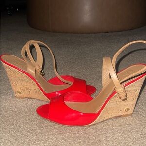 Tory Burch Red and Tan Wedge Sandals
